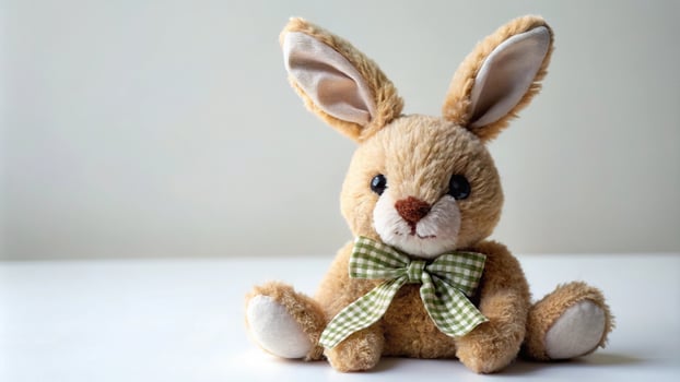 Plush hare with tilted angle and bow photo
