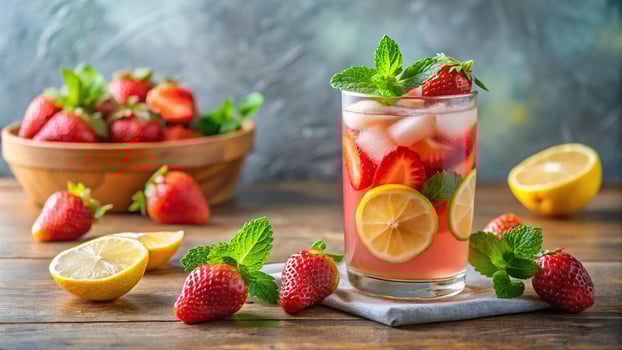 Refreshing strawberry lemonade detox water with lemon and mint photo