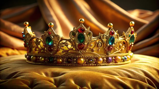 Regal golden crown with gemstones on velvet cushion against gold backdrop photo