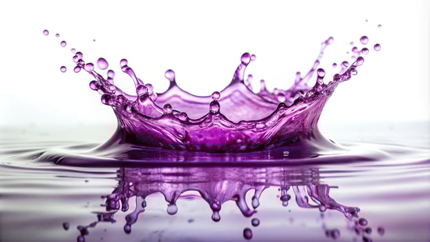 Purple water splashing in air with depth of field on white background photo