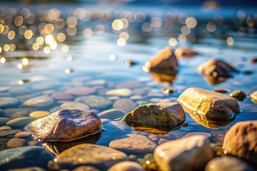 Rocks in lake with soft water surface and hexagonal bokeh photo