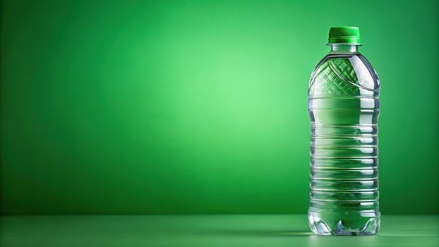Plastic water bottle on green background, asymmetrical photo