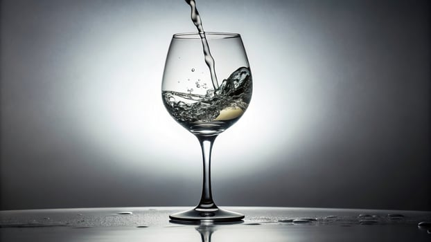 Pouring water into a glass of wine on a white background, viewed from below photo