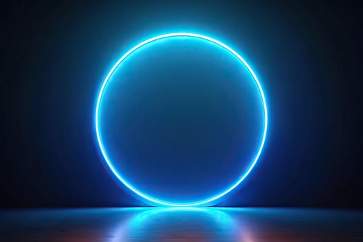 Round neon blue geometric circle on dark background tilted angle photo