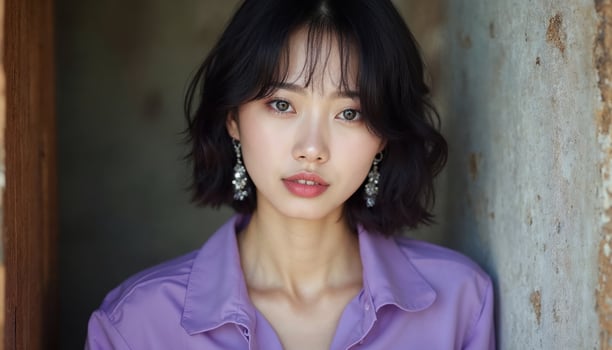 Young Asian Woman with Short Bob Haircut and Elegant Earrings photo