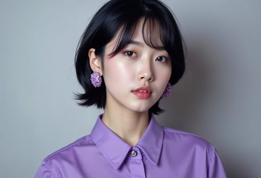Young Korean Girl with Short Bob Haircut and Elegant Earrings photo