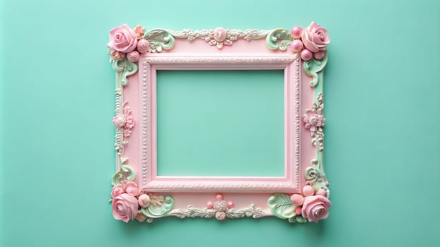 pastel pink frame decorations pastel mint blue background photo