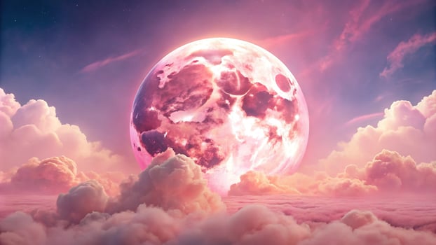 pastel pink landscape with large pink moon and clouds photo