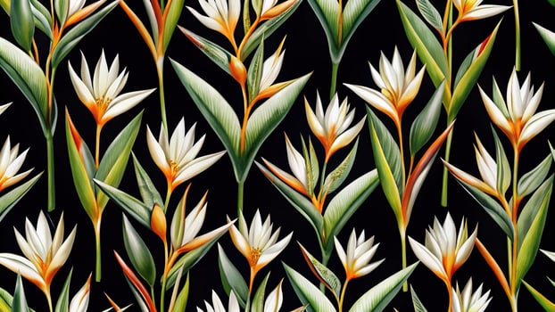 Panoramic seamless pattern of white Heliconia flowers on black background photo