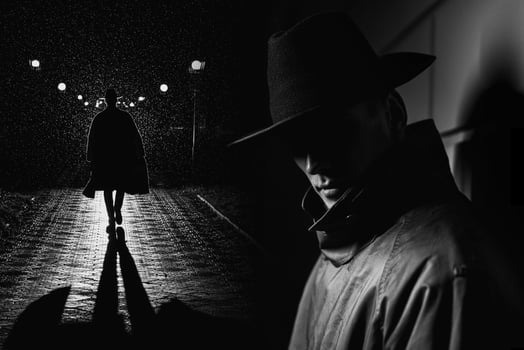 man spy detective in a dark rainy city at night in the noir style photo