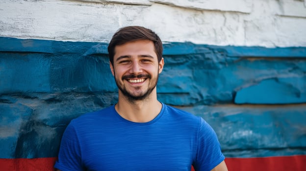 Portrait of a Smiling Young Man Wearing a Blue Shirt Against a Colorful Abstract Wall, Ideal for Lifestyle and Diversity Themes photo