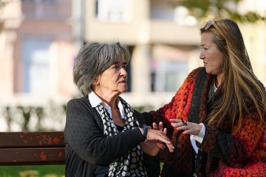 Embracing Generations. A Daughter's Love and Support for Her Senior Mother on a Sunny Day in the Park photo