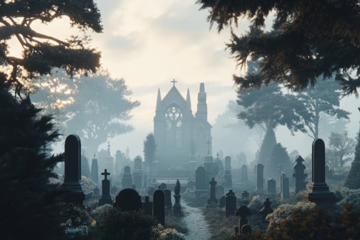 Foggy cemetery with weathered tombstones. Mysterious atmosphere photo