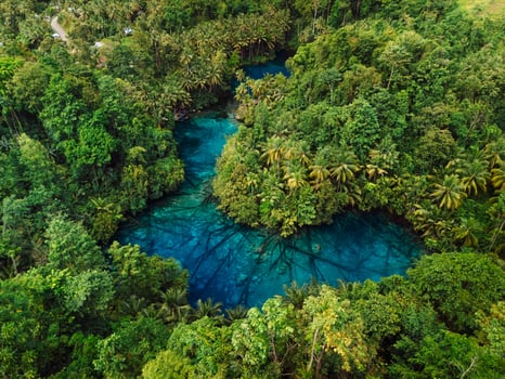 Super transparent lake with crystal blue fresh water in Indonesia. Drone view photo