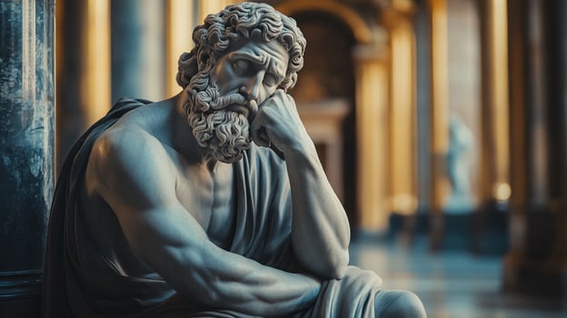 Thoughtful sculpture in a grand museum interior, reflecting deep contemplation and artistic mastery. photo