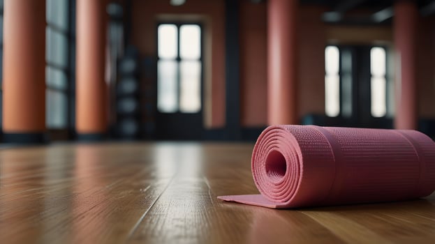 pink pilates fitness yoga mat for exercise in the gym photo