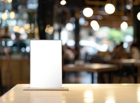 A white blank menu card on a table stand against a blurred restaurant background. A menu for a fast food cafe or coffee shop. photo