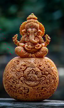 A detailed, intricately carved statue of Ganesha, the Hindu god of beginnings, wisdom, and prosperity, sits atop a similarly ornate base. photo