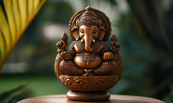 A wooden sculpture of Lord Ganesha, an elephant-headed Hindu deity, with intricate carvings and a peaceful expression. photo