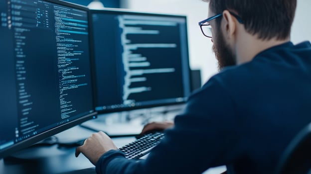A man is working on two computer screens photo