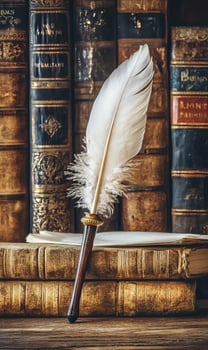 A quill pen rests on a stack of antique books, symbolizing the power of written words and the legacy of literature. photo