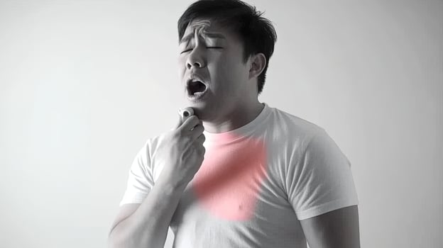 A man with a sore throat, coughing and holding his chest. He is in pain and suffering. photo
