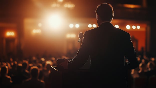 A politician passionately delivering a speech from a podium at a formal event photo