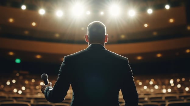 A professional speaker with a microphone delivering an inspirational talk in a well-lit auditorium photo