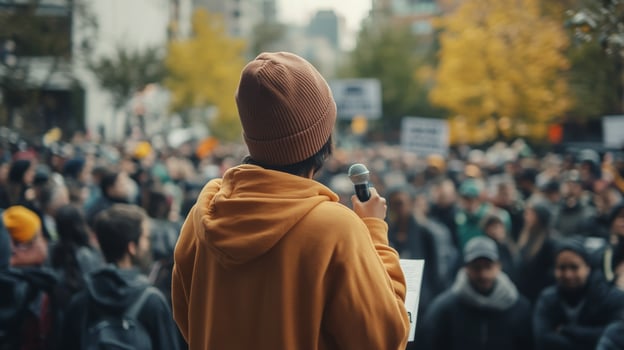 A person giving a speech in an outdoor setting, addressing a crowd at a rally photo