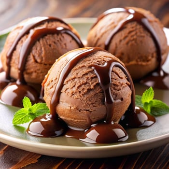 Three scoop of chocolate ice cream in plate photo