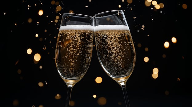 two glasses of champagne with bubbles on a black background photo