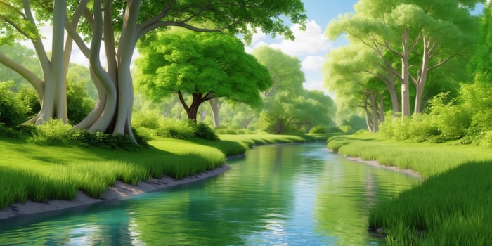 A river running through a lush green forest. photo