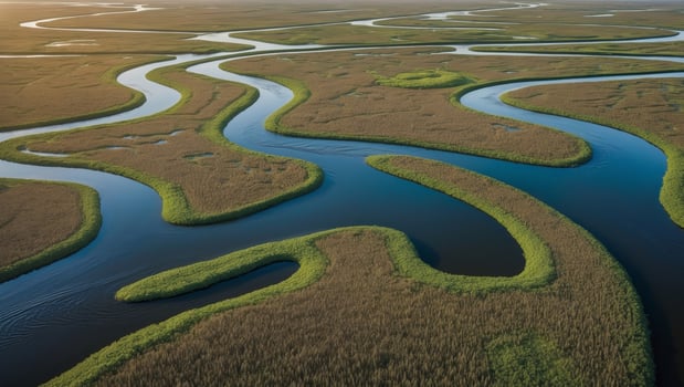 Aerial View of a River Winding Through a Marshland. photo