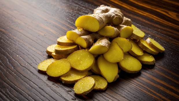 A pile of ginger root on a wooden table photo
