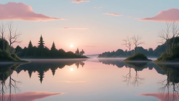 A beautiful sunset over a lake with trees and water photo