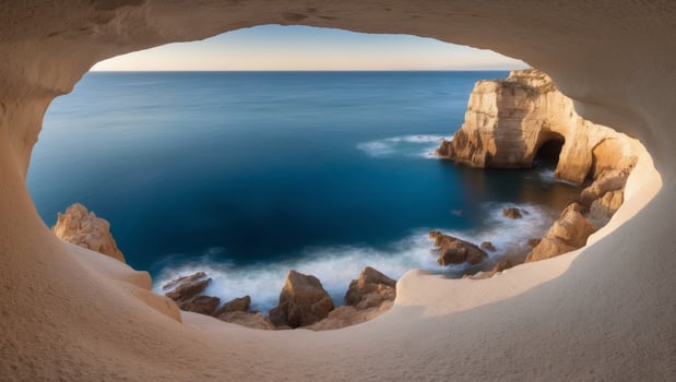 A view of the ocean from inside a cave photo