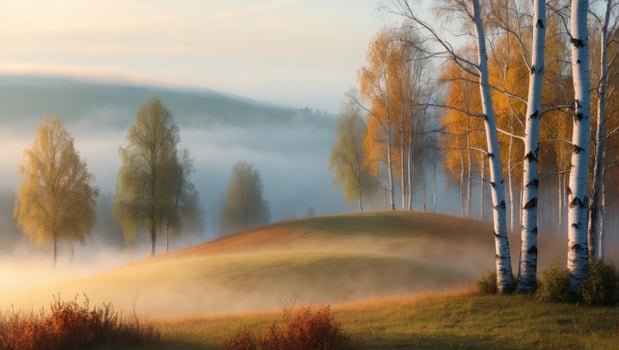 A misty morning in the forest with trees and fog photo