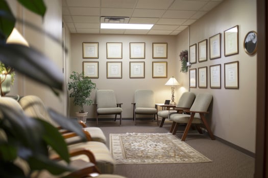 Cozy waiting room featuring gray cushioned chairs, framed certificates on the wall photo