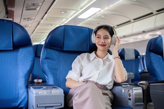 Young Business Woman Enjoying Music While Traveling on an Airplane, Relaxing in Comfortable Seat with Headphones photo