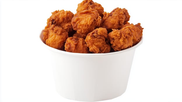 Crispy fried chicken pieces in a white takeout cup served as a delicious snack option photo