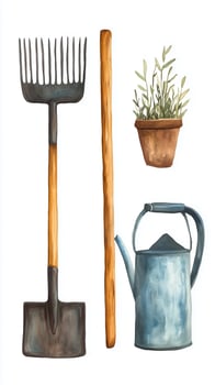 Gardening tools including a rake, shovel, watering can, and a potted plant displayed creatively in a minimalist style photo