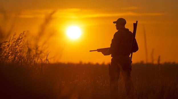 A hunter stands in silhouette against a vibrant sunset in a rural landscape, preparing for an evening hunt photo