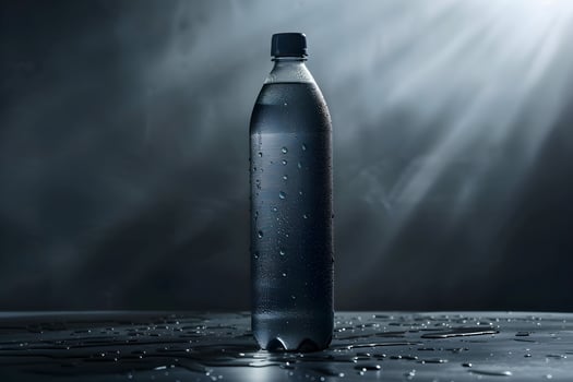 A bottle of water sitting on a table with water droplets photo