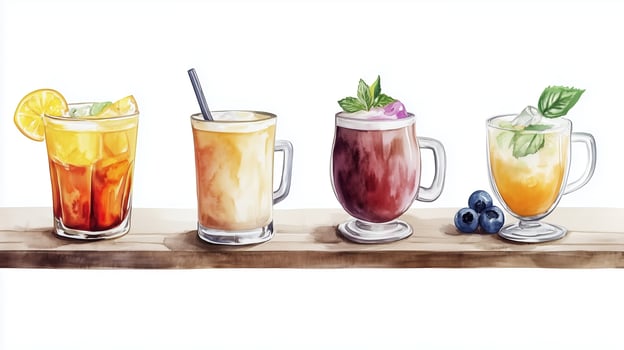 Colorful collection of refreshing beverages displayed on a wooden bar during a sunny afternoon photo