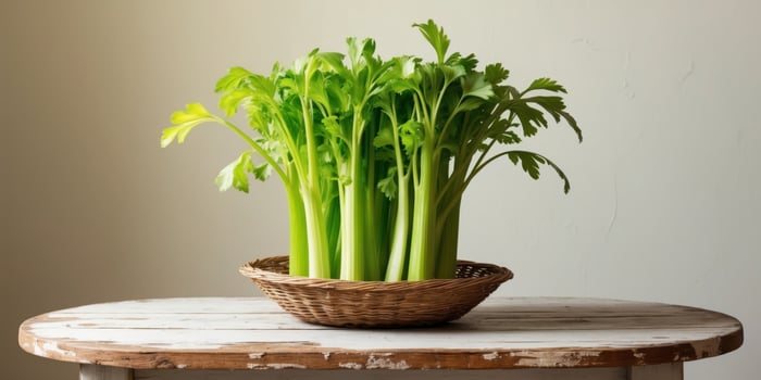 A basket with a bunch of green celery in it photo