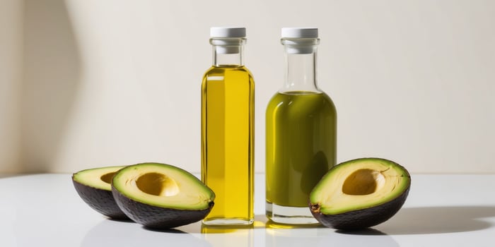 Two bottles of avocado oil and an avocado photo