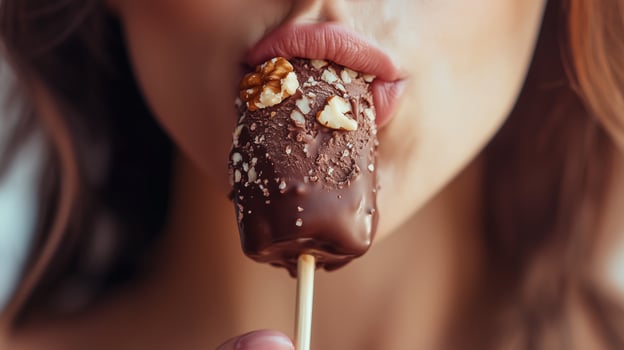 A close-up view of a woman enjoying a chocolate-covered ice cream treat on a stick in a bright, relaxed indoor setting photo