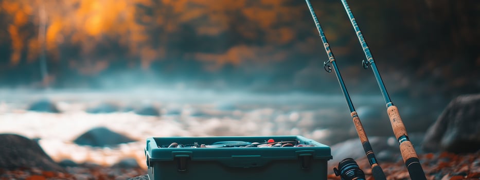 Two fishing rods stand beside a tackle box near a tranquil river during a colorful autumn afternoon photo