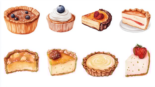 An assortment of delicious desserts featuring tarts and cheesecakes with fresh fruit toppings presented on a white background photo