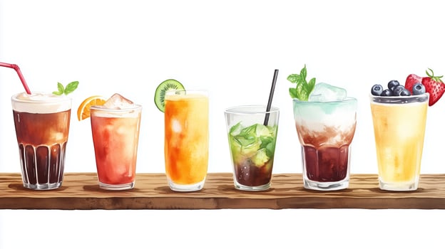 Refreshing drinks lineup displayed on a wooden bar showcasing vibrant colors and various ingredients during a sunny summer day photo